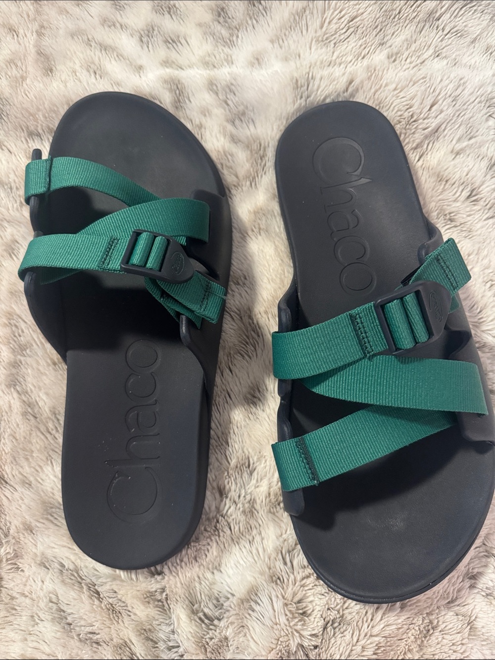 Chaco Black Footbed Slide Sandals with Green Webbing
